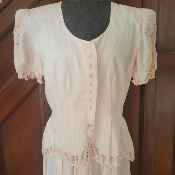 Vintage Light Pink Button-Front Dress With Lace Trim Kathie Lee - Picture 3 of 7